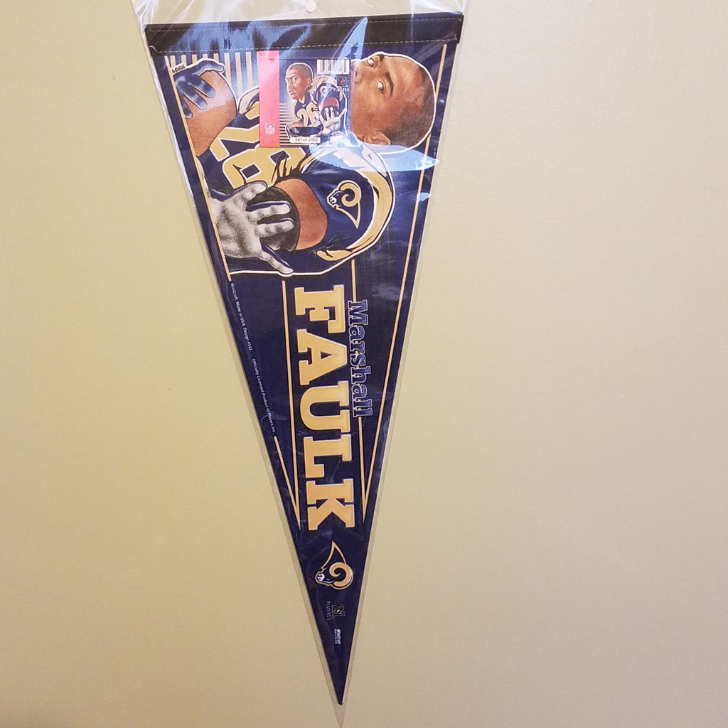 ST LOUIS RAMS MARSHALL FAULK VINTAGE NFL FELT PENNANT WITH HOLDER