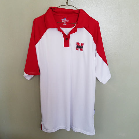 NEBRASKA HUSKERS RUSSELL TEAM ISSUE WHITE RED POLO SHIRT SIZE MEDIUM ADULT