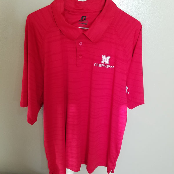 NEBRASKA HUSKERS RUSSELL RED POLO SHIRT SIZE LARGE ADULT