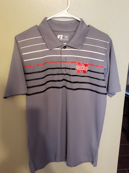 NEBRASKA HUSKERS RUSSELL GRAY STRIPED POLO SHIRT SIZE MEDIUM ADULT