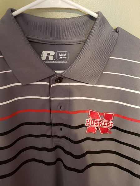 NEBRASKA HUSKERS RUSSELL GRAY STRIPED POLO SHIRT SIZE MEDIUM ADULT